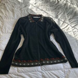 Gray Zip-Up Sweater with Patterned Trim